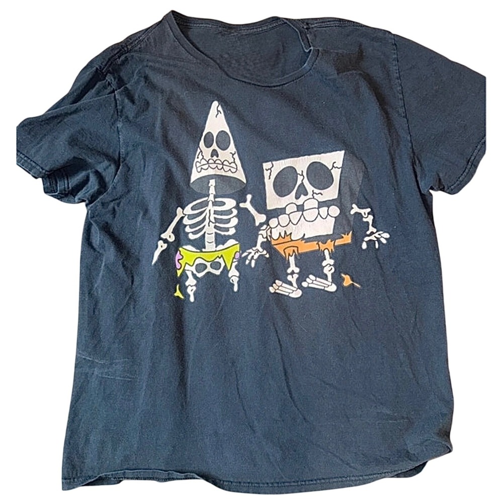 Gildan Graphic Tee Women Small Black Excellent SpongeBob Patrick Skeleton Shirt